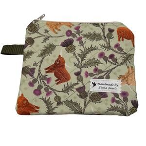 NEW Handmade Wrist Top Zip Pouch Wallet Green Brown Orange Highland Cow 5 1/4x6